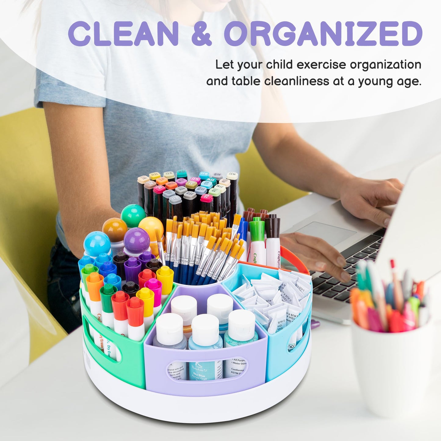 CraftGenes Art Supply Organizer, Extra Large 360 Degree Rotating Pencil Caddy with 7 Removable Compartments, Rainbow Marker Organizer and Craft Caddy for Kids, Teachers, Classroom, School