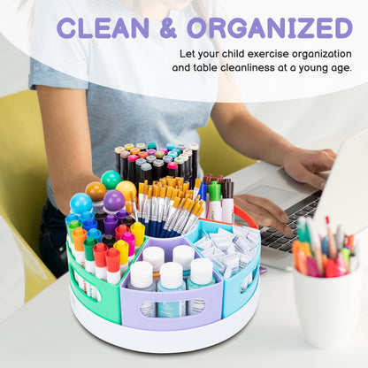 CraftGenes Art Supply Organizer, Extra Large 360 Degree Rotating Pencil Caddy with 7 Removable Compartments, Rainbow Marker Organizer and Craft Caddy for Kids, Teachers, Classroom, School