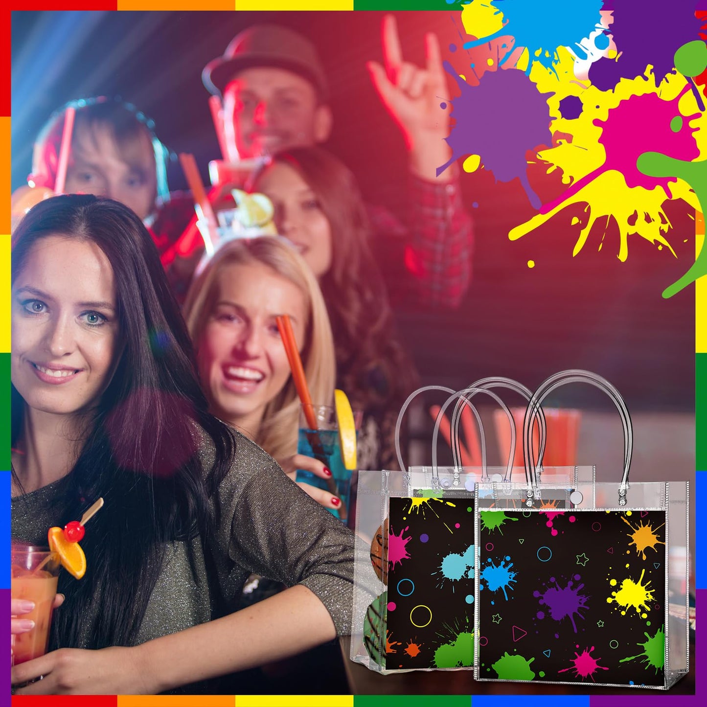 Teenyyou 24 Pcs Glow in the Dark Party Favors Bags Light up Neon Clear PVC Goodie Candy Treat Tote Gift Bags with Handles Glow Theme Birthday Baby Shower Party Supplies