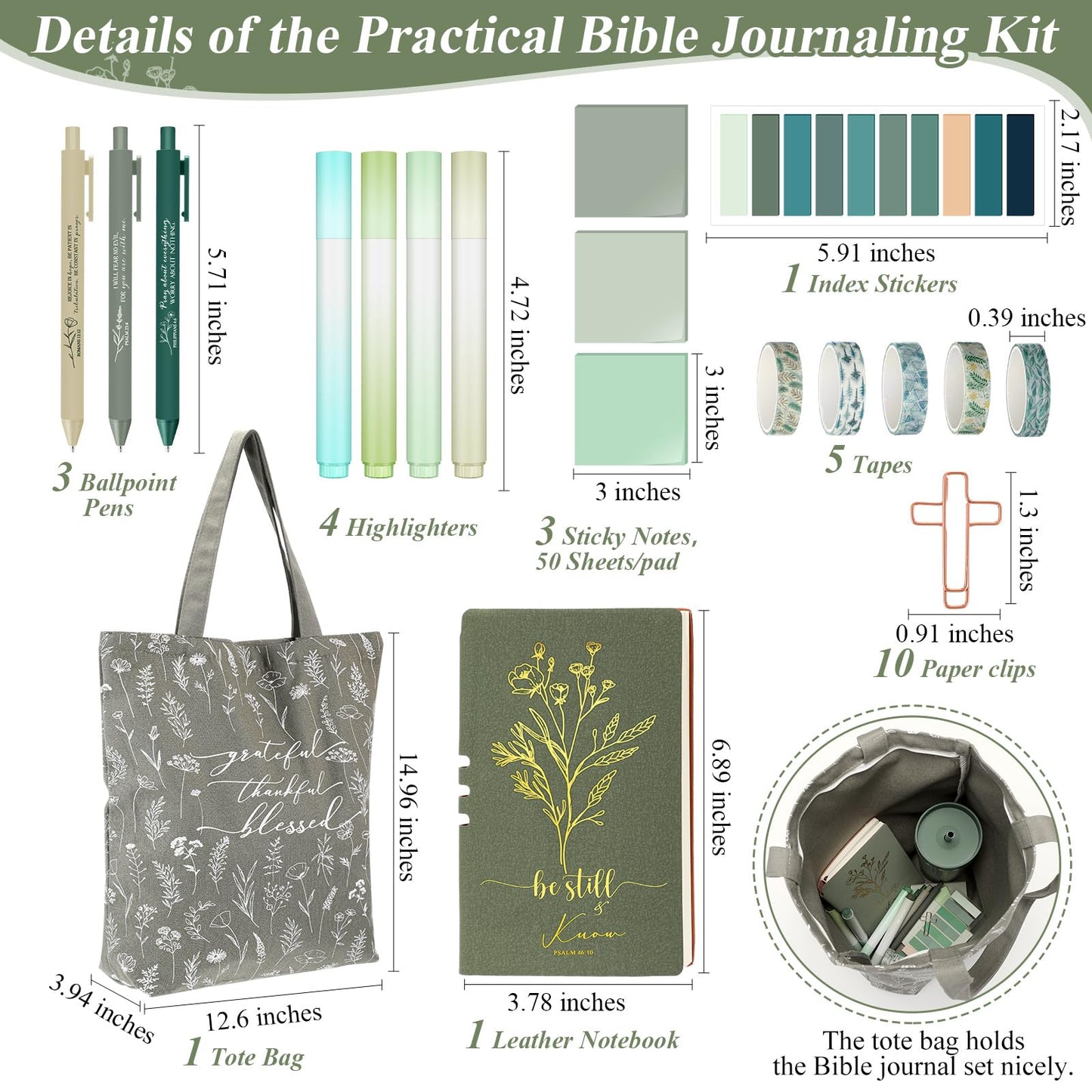 Patelai 29 Pcs Bible Study Supplies Journaling Kit with Christian Cup Tote Bag for Women Gifts Set Pastor Wife Friend Sister Church Religious Sunday School Birthday Gifts(Green)