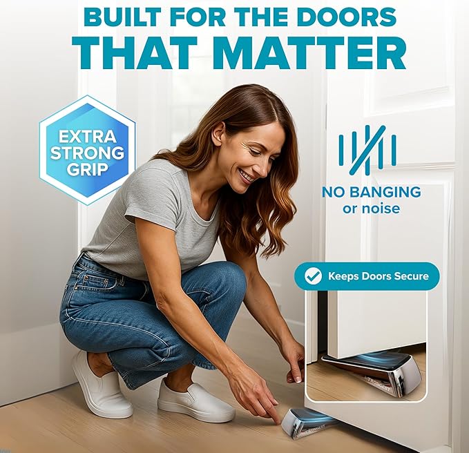 Strongest Home Heavy Duty Door Stopper Wedge (10 Chrome PCs) | Non-Slip Rubber and Metal Door Stop for Heavy Doors| Work on Wood, Tile, Carpet + 10 White Wall Protectors