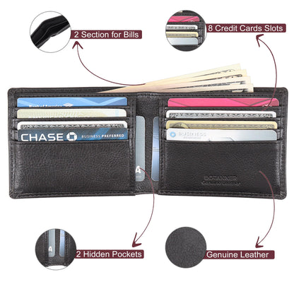 BOTANNER Genuine Leather Bifold Mens Slim Wallet RFID Blocking with 8 Credit Card Slots 2 Sections for Bills 2 Additional Slots | For Him (Black)
