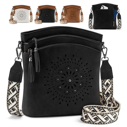 RAINSMORE Women's Medium Leather Crossbody Bag - Lightweight Purse for Weekend Shopping, Everyday Outings, Travel, Designer Trendy Shoulder Handbags with Adjustable Guitar Strap, Multiple Pockets