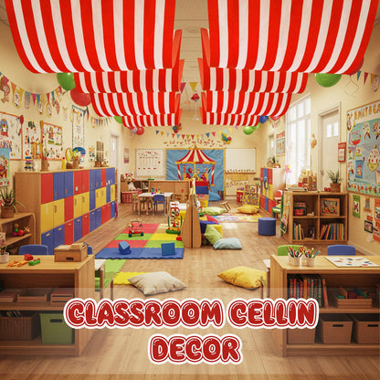 HunnmingRe 1 Pack Circus Halloween Decorations 32 Inch x 16 ft Red and White Hanging Banner with Tape Ceiling Decor for Carnival Birthday Classroom Circus Theme Party Decorations