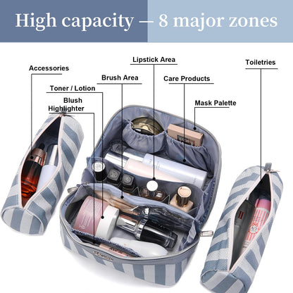 BOYATU Travel Makeup Bag Cosmetic Bag for Women: 3 Pcs Set Striped Make up Bag with Compartments - Waterproof Vegan Leather Toiletry Bags with Handle - Makeup Organizer for Travel Essentials(A-1-Blue)