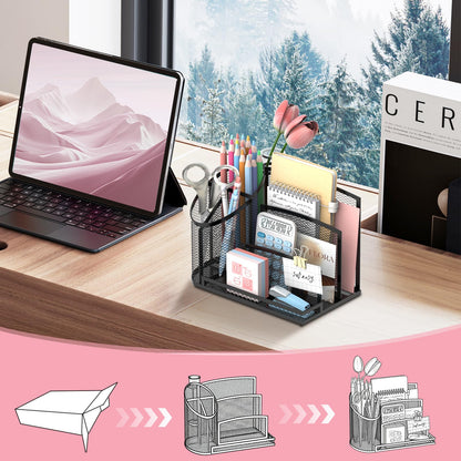 SUPEASY Desk Organizer with 3 Compartment Pen Holder, 3-Slot Mail Organizer and Flower Tube, Metal Mesh Bill Organizer for Pencil, Envelope, Letter and Office Supplies, Black