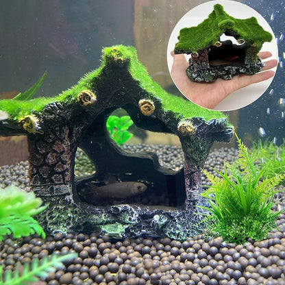 Tfwadmx Aquarium Decoration House Resin Hollow Betta Hideout House Fish Hide Tank Terrarium Accessories Cave Ornament for Small Shrimp Hideaway with Moss（2Pcs）