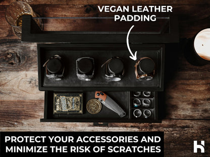 Premium 4 Slot Watch Box for Men (2026 Upgraded) – Wooden Watch Display Case with Hinged Wood Cover, Leather Lining & Drawer – Watch Organizer Stand – Handcrafted Luxury Father's Day Present for Men