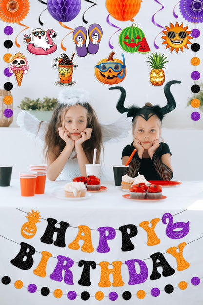 Summerween Decorations Happy Summerween Birthday Banner Hanging Swirls Honeycomb Balls Paper Fans Circle Confetti Dots Hanging Garland for Summer Halloween Birthday Party Decorations