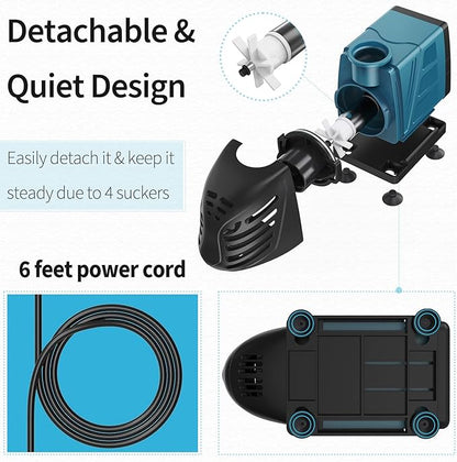 Uniclife Aquarium 800 GPH Submersible and Inline Water Pump 55W 8ft High Lift AC 120 V Quiet Return Pump with 6 ft. Power Cord for Large Fish Tanks Pond Waterfalls Fountains Sumps and Gardens