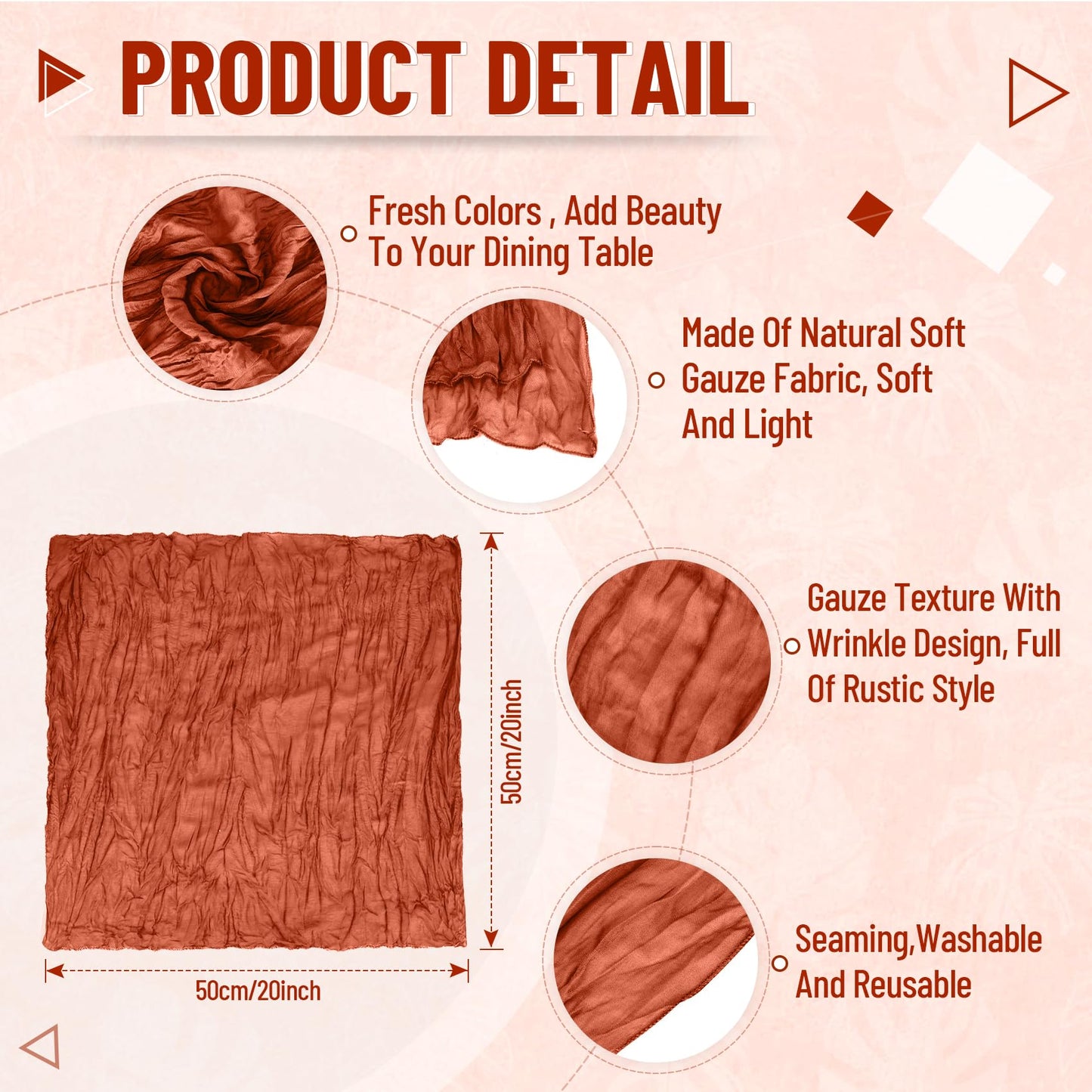 Cupuamon 50 Pack Cheesecloth Napkins 20x20 Inch Dinner Table Napkins Boho Washable Rustic Gauze Napkins Bulk for Wedding Bridal Baby Shower Party Decor (Terracotta)