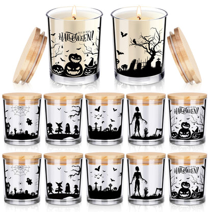 Ziliny 10 Pcs Halloween Village Glass Candle Jars Empty Containers Bulk 7 oz Halloween Glass Jars with Cork Lids Tins for Holiday Candle Making Storing Biscuits Tea Party Favors