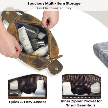 LEATHER VILLAGE Genuine Leather Dopp Kit for Men & Women with Waterproof Lining – Distressed Travel Toiletry Bag, Shaving & Bathroom Essentials Organizer - Distressed Brown