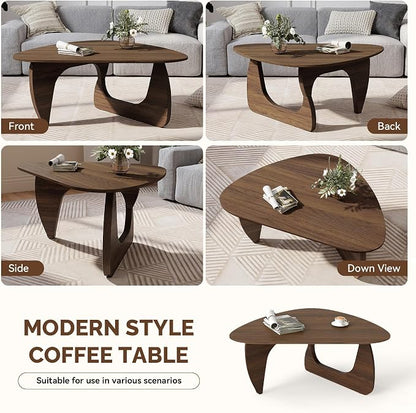 Modern Wood Coffee Table, Triangle Center Table with Premium Wooden Top& Unique Base, 35.5” Small Mid Century Tea Tables for Living Room, Apartment, Office,Walnut