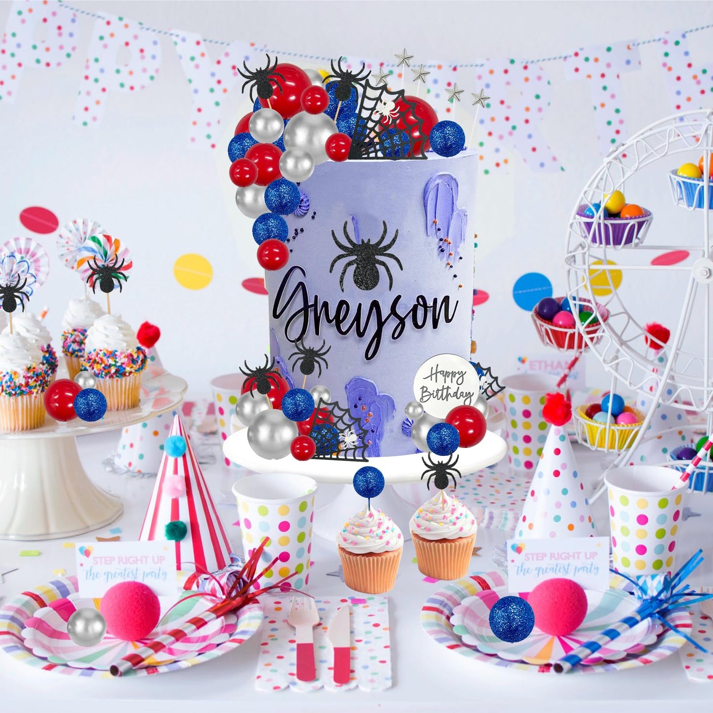 Morofme Spider Cake Topper Spider Web Cupcake Decorations Spiders Theme Cake Decor Glitter Happy Birthday Toppers Stars Red Silver Blue Balls Cupcake Topper for Boys Men Baby Shower Party Supplies