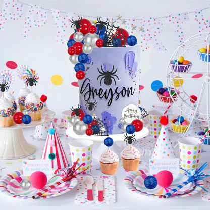 Morofme Spider Cake Topper Spider Web Cupcake Decorations Spiders Theme Cake Decor Glitter Happy Birthday Toppers Stars Red Silver Blue Balls Cupcake Topper for Boys Men Baby Shower Party Supplies