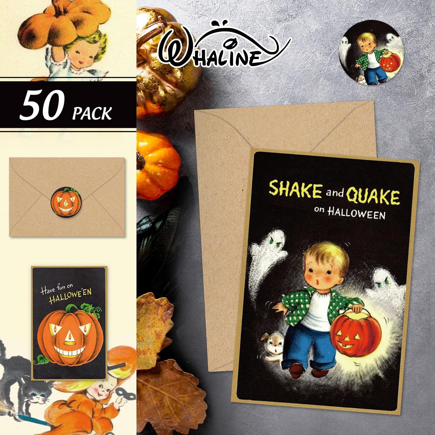 Whaline 50 Pack Halloween Greeting Cards with Sticker Envelope Vintage Evil Pumpkin Witch Blank Note Cards for Party Invitations, 4 x 6 Inch