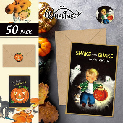 Whaline 50 Pack Halloween Greeting Cards with Sticker Envelope Vintage Evil Pumpkin Witch Blank Note Cards for Party Invitations, 4 x 6 Inch