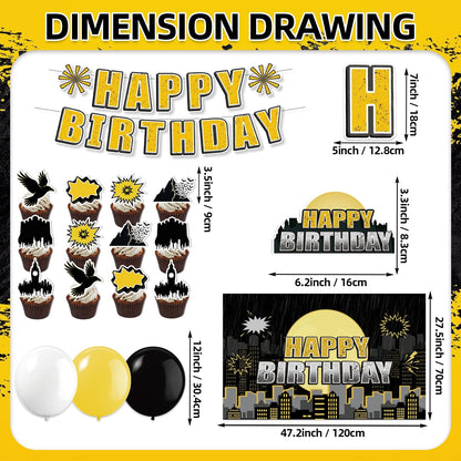 42Pcs Bat Super Theme Hero Party Decorations Including Backdrop,Cake Toppers,Cupcake Toppers,Balloons for Bat Birthday Movie Fans Party Decorations