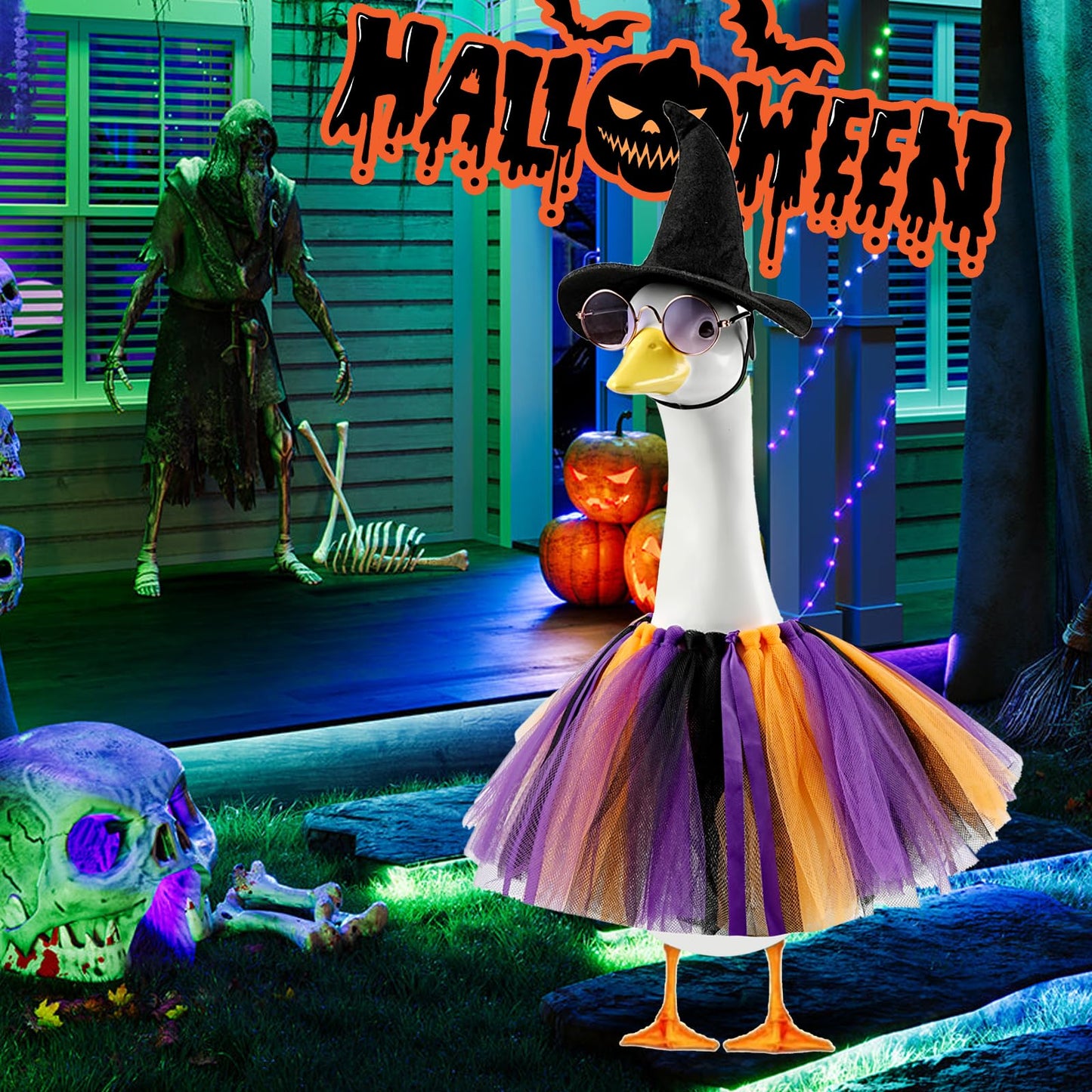 JIUENAGCN Halloween Witch Goose Outfit for 17/23 Inch Porch Geese, Waterproof Lawn Goose Costume for Outdoor Fall Decor, Garden Patio Statue Clothing for Cement Plastic Geese