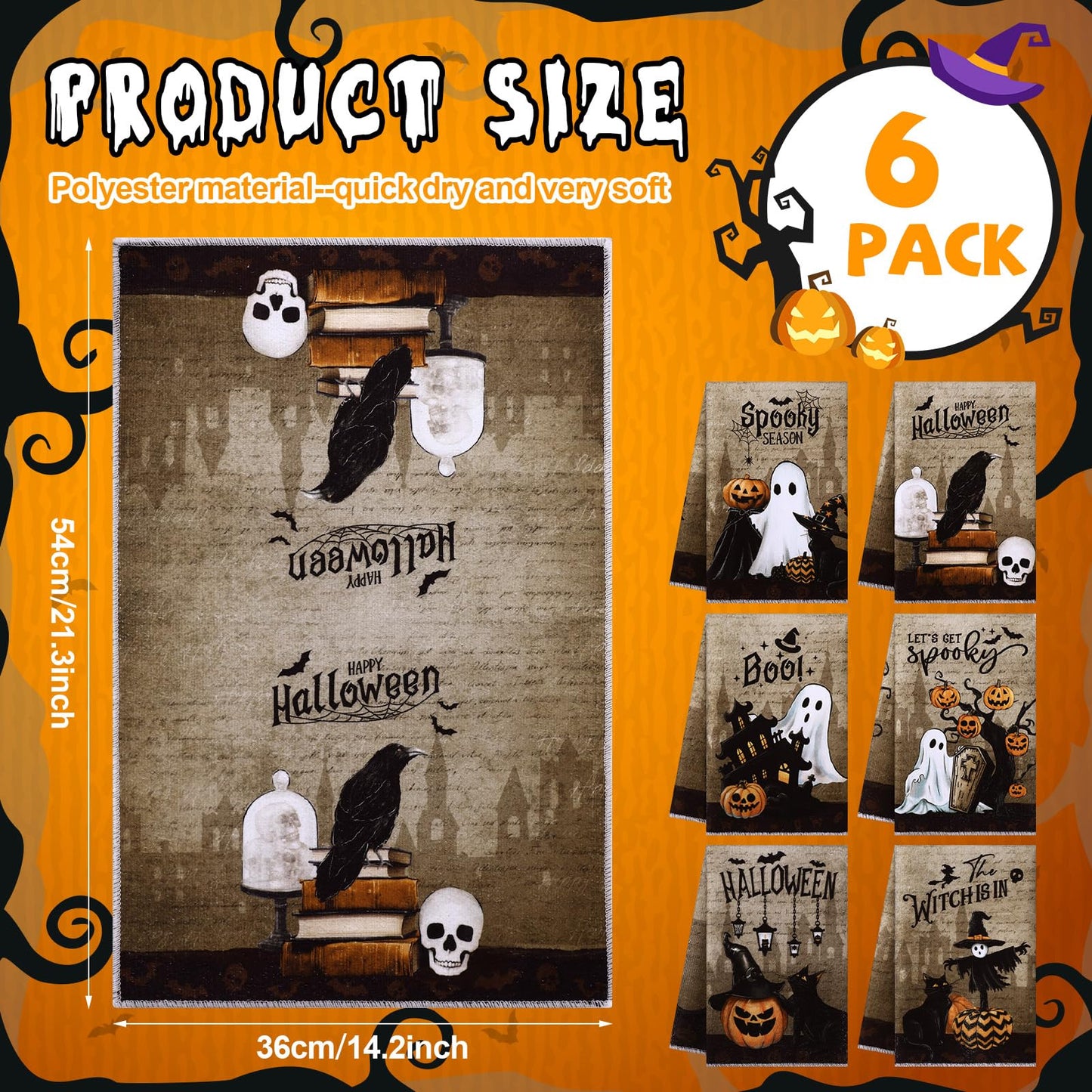 Ganeen 6 Pcs Halloween Kitchen Towels Dwarfs Cobwebs Witches Castles Dish Towels Fiber Fingertip Hand Towel Decorative Tea washtowels 14.2 x 21.3 Inch for Decorative Bathroom Holiday (Goth)