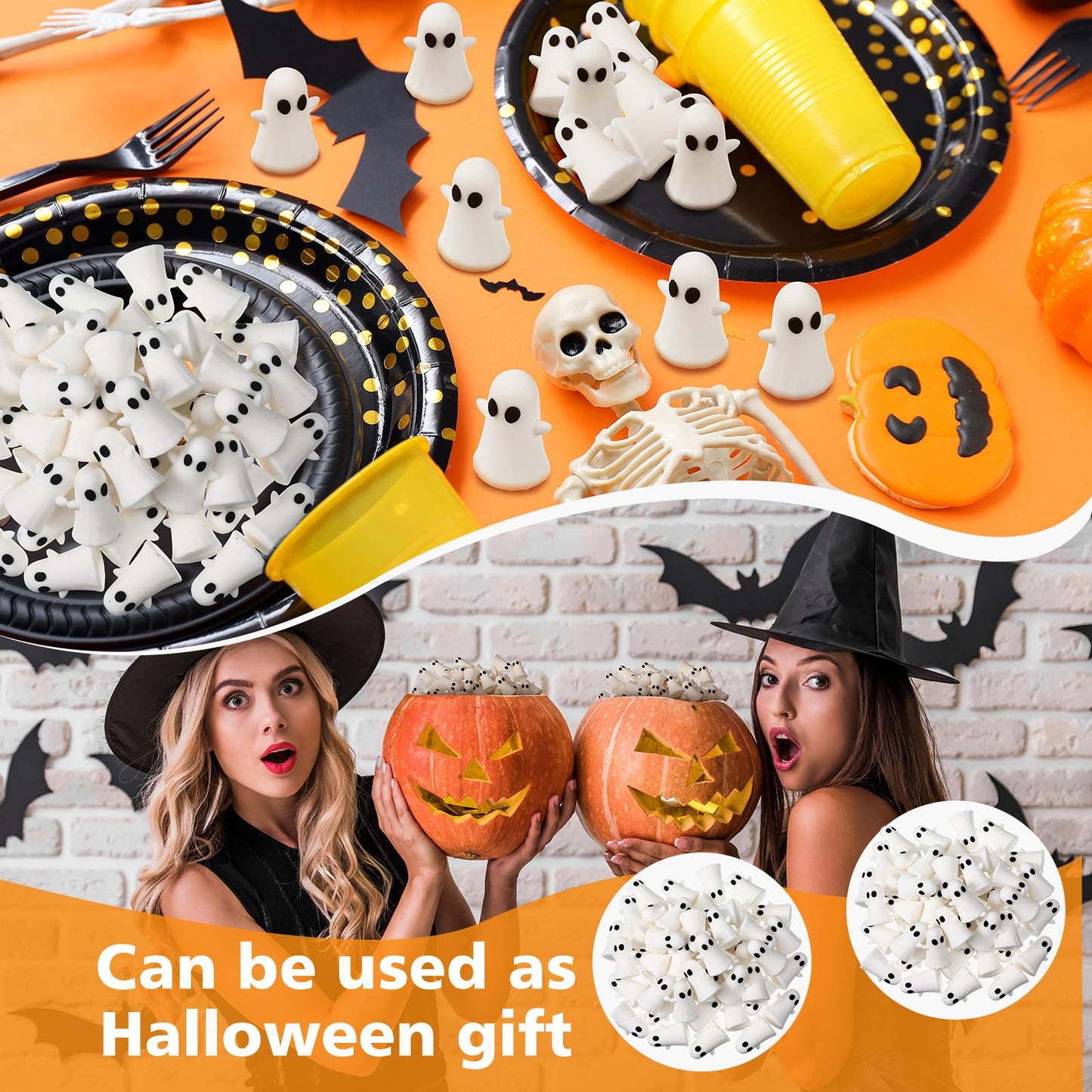 Lunmon 50 Pcs Mini Ghosts Bulks,Small Cute White PVC Ghost Figurines, Tiny Halloween Miniatures for Spooky Tiered Tray Decor, Home Tabletop Shelf Centerpieces Party Favors,1.49 inch