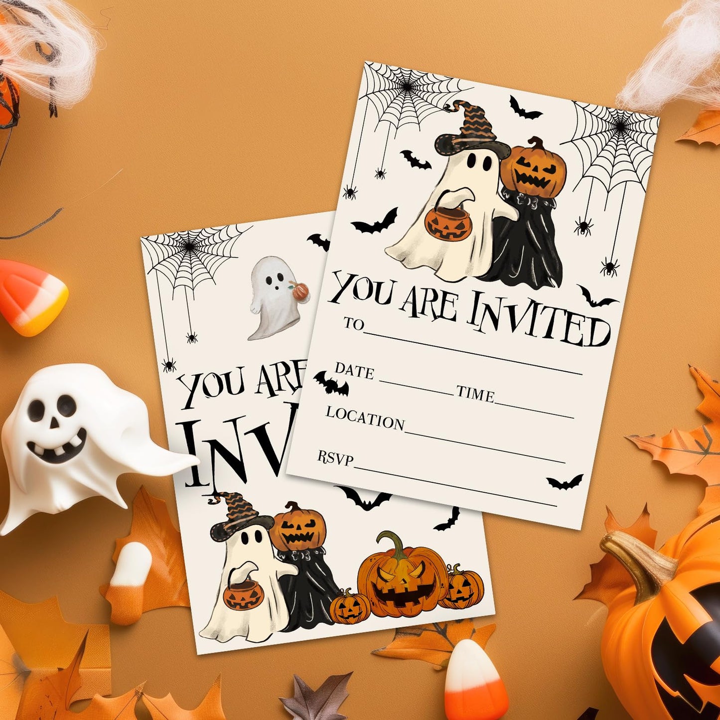 JarThenaAMCS 25 Sets Halloween Party Invitations with Envelopes Stickers Beige Black Pumpkin Ghost Bat Invites for Halloween Celebration, 5 x 7 Inch