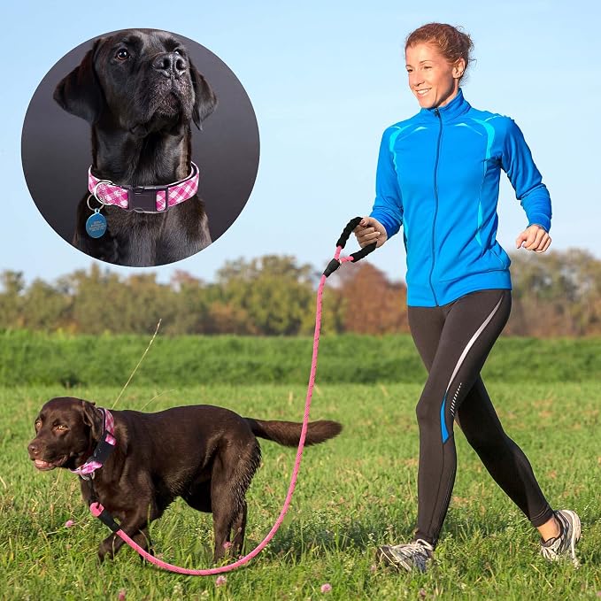 Ladoogo Reflective Dog Collar Padded with Soft Neoprene Breathable Adjustable Nylon Dog Collars for Small Medium Large Dogs (Medium (Pack of 1), Pink Plaid Collar+Leash)