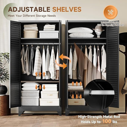 Letaya Armoire Wardrobe Closet,20" Deep Metal Wardrobe Cabinet with Doors and Shelves,Hanging Rod Clothing Storage Cabinets for Home RoomBlack