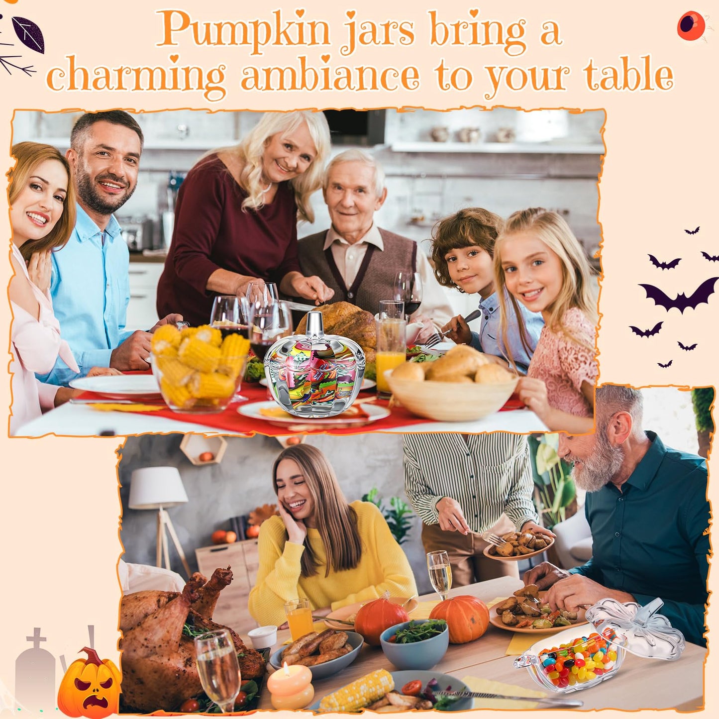 Mimorou 3 Pcs Glass Pumpkin Candy Jar Thanksgiving Clear Candy Bowl Storage with Lids 3 Sizes Fall Cute Snack Crystal Jars for Home Decoration Thanksgiving Centerpieces Wedding Party