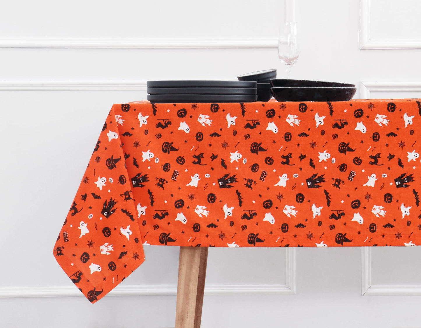 PurpleEssences Orange Black Halloween Tablecloth, Rectangle Halloween Party Tablecloth Decoration, 60x104 Inch Machine Washable Cotton Table Cover, Haunted House