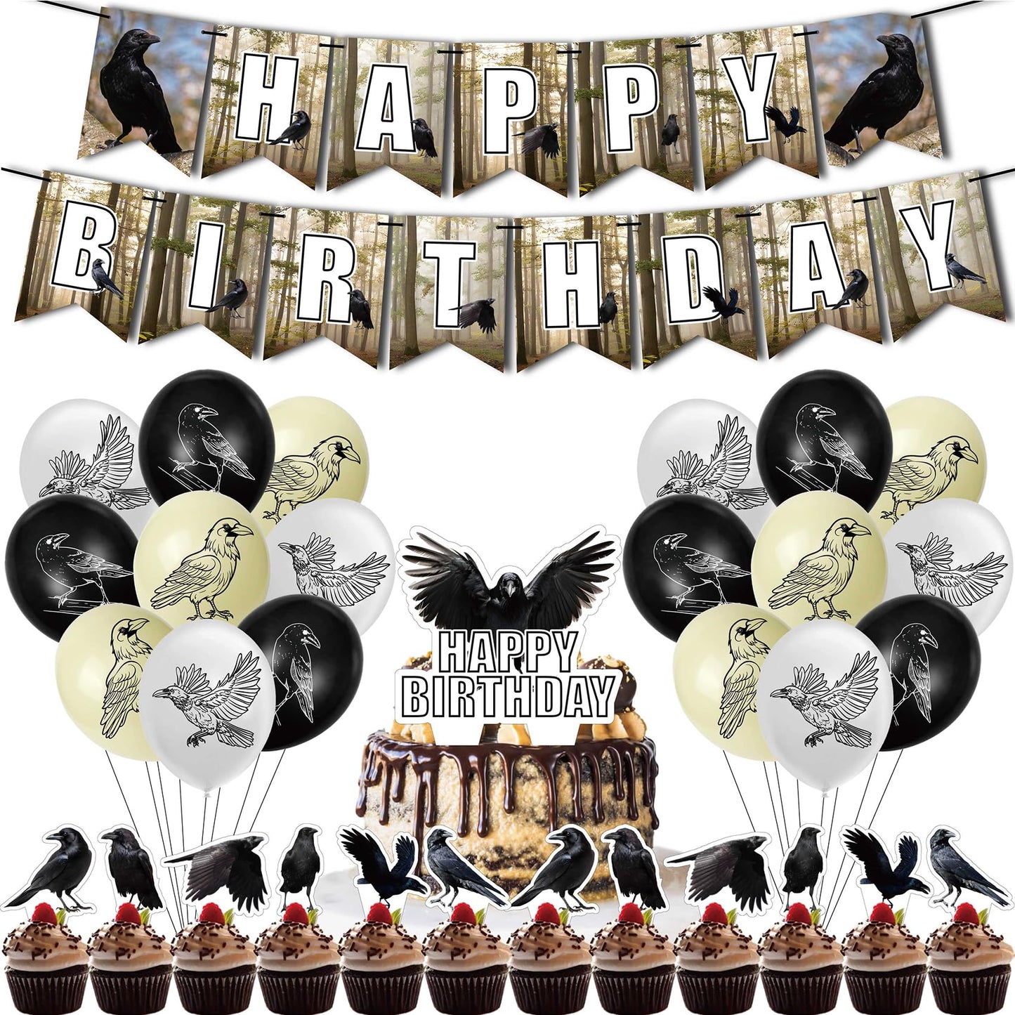 Crow Birthday Party Supplies Black Crow Party Decorations Include HAPPY BIRTHDAY Banner Balloons Cake Topper Cupcake Toppers for Crow Halloween Party Decorations