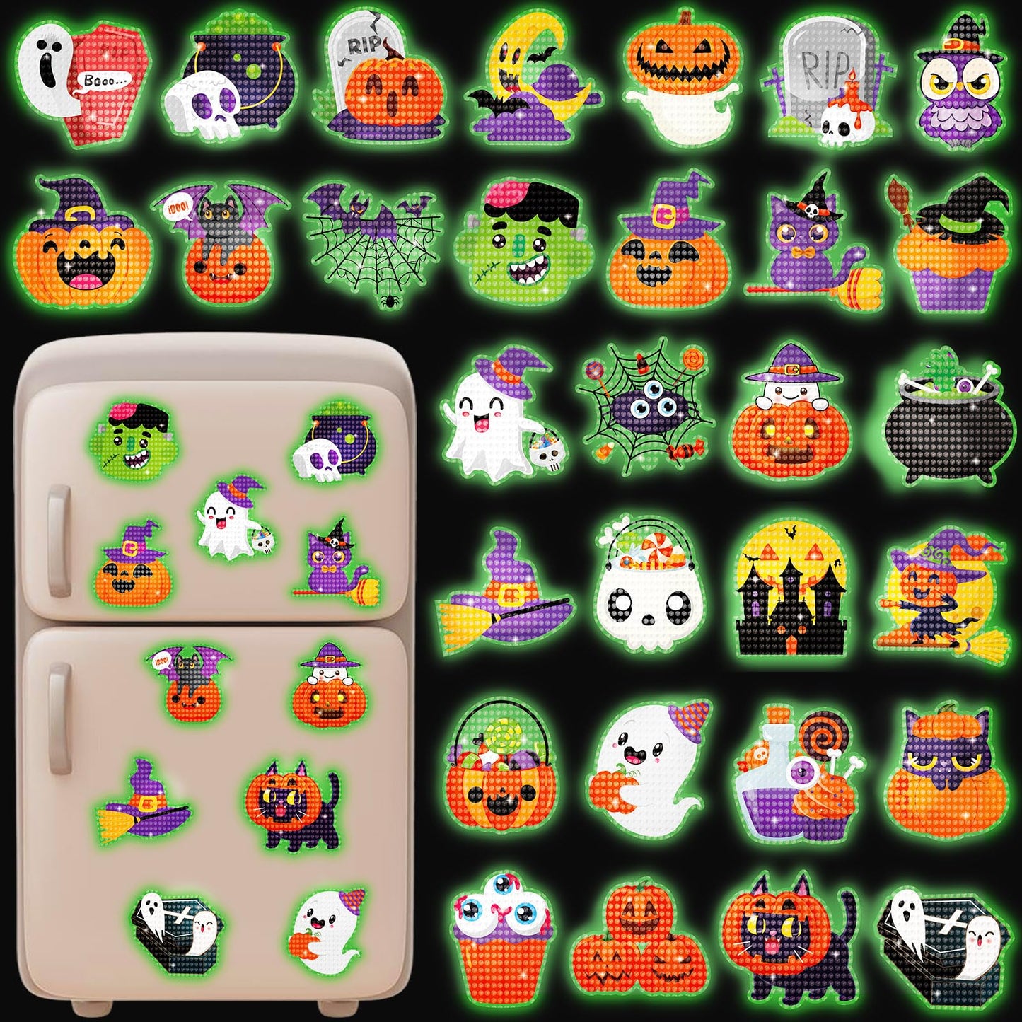 40PCS Halloween Crafts for Adults DIY Diamond Art: DIY Glow-in-The-Dark Refrigerator Magnets Stickers Kit, Magnetic Fridge Decor (Luminous)