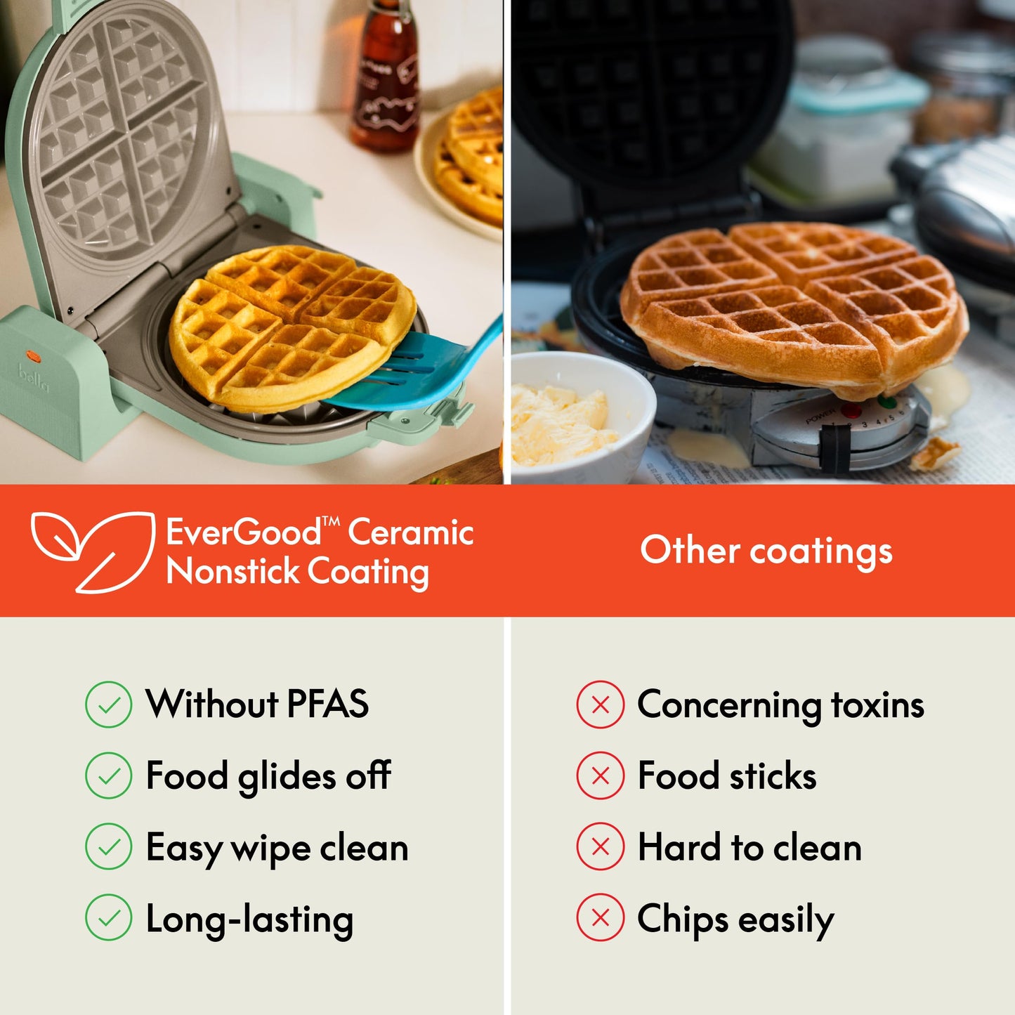 bella Flip-n-Store Waffle Maker with EverGood™ Ceramic Nonstick Coating, Fits-anywhere™ Kitchenware, Power Indicator Light, Cool Touch Handle & Cord Wrap, 7” Wide & 1" Deep Plates, 1000 Watt, Oatmilk