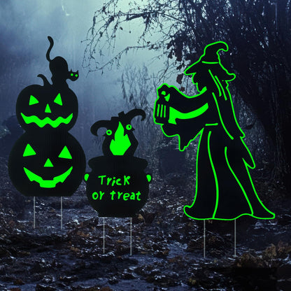 Halloween Outdoor Yard Decorations, 3 Pack Glow in The Dark Witch and Pumpkin Lawn Signs Waterproof Witch's Cauldron Potions for Garden, Walkway, Patio, Porch Outside Decor