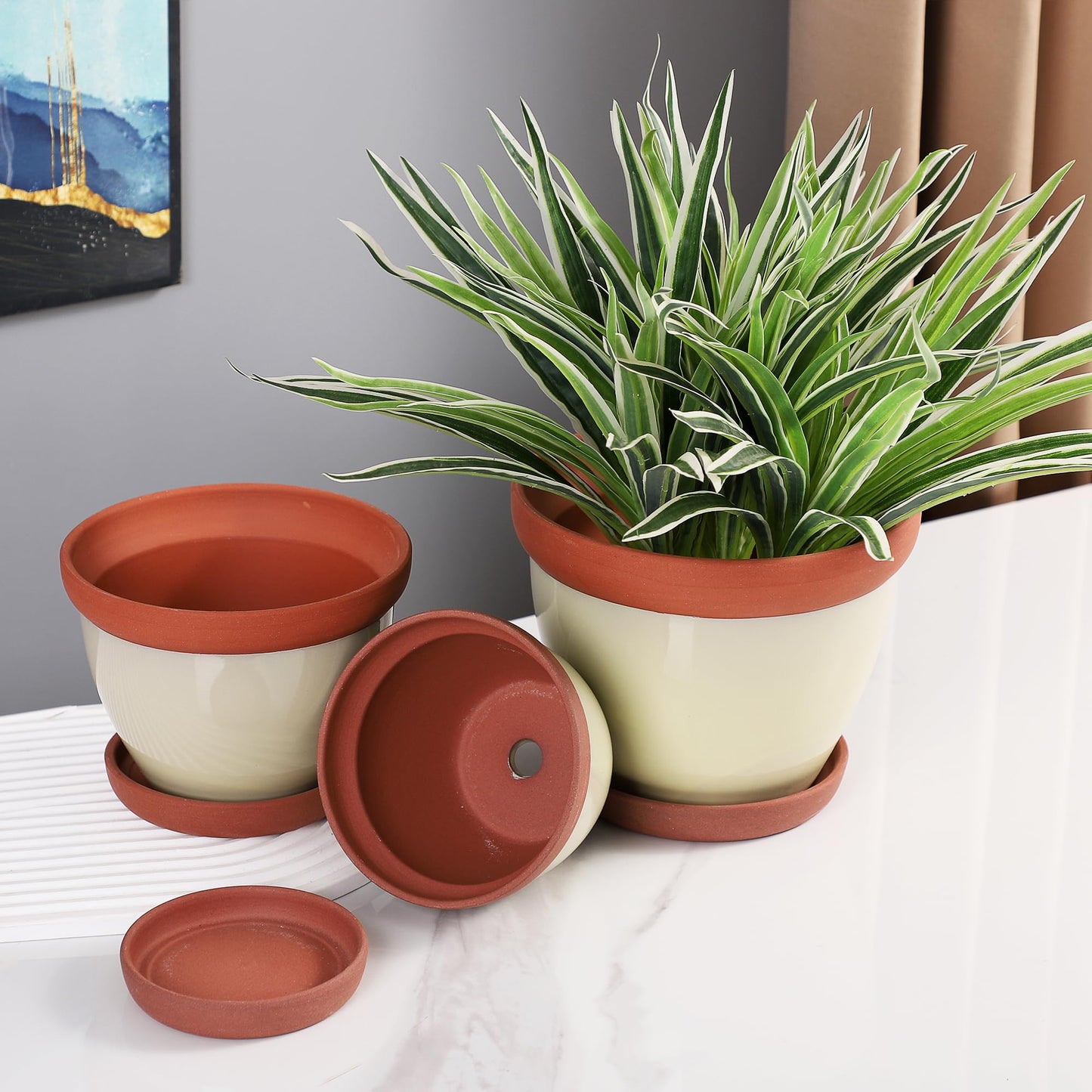Yishang Glazed Terracotta Pots with Saucers, Set of 3, 5", 6", and 7" Sizes, Ceramic Clay Planter Pots with Drainage Holes - Yellow