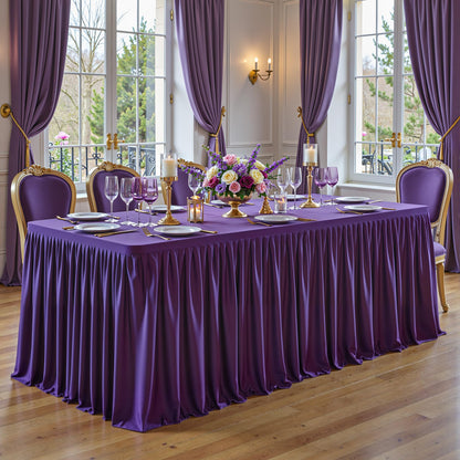 PARTISKY 2 Pack Purple Tablecloths for Rectangle Tables 6ft, Wrinkle Resistant Spandex Table Cover Fitted Stretch Table Cloth with Pleated Ruffle Skirts for Party Banquet Dining Birthday Wedding