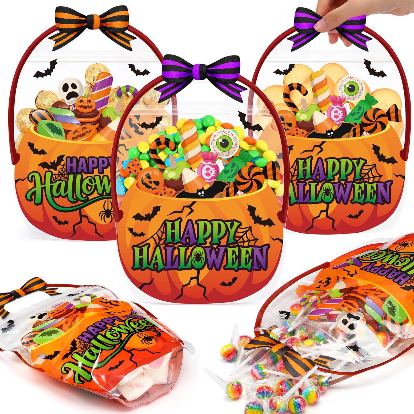 Fuutreo 50 Pcs Halloween Plastic Bags Clear Pumpkin Sealed Gift Pouches with Handles Resealable Scary Holiday Favor Bags for Halloween Holiday Party Candy Gift Wrapping Supplies Decoration