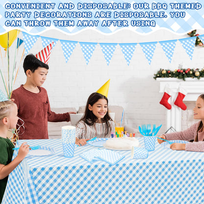 Preboun 198 Pcs Gingham Party Supplies for 24 Guests Checkered Plaid Tablecloth Pennant Banner Plate Cup Napkin and Cutlery for Picnic BBQ Birthday Baby Shower Party(Light Blue, White)