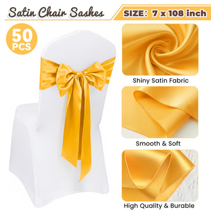 Hodoee 50 PCS Gold Satin Chair Sashes Bows Universal Chair Ribbon Ties Back Sash for Wedding Party Banquets Event Chair Cover Decoration(Gold, 7x108 inch)