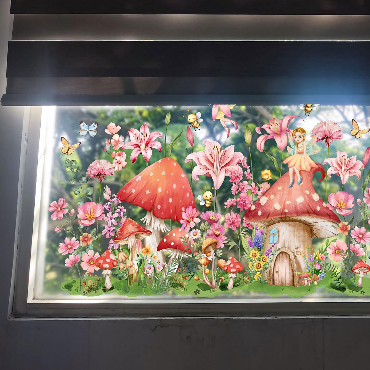 AOLTNRC Fairy Garden Window Clings, Double-Side Glass Decals Enchanted Mushroom House with Flowers and Butterflies Glass Stickers, Reusable Nursery Room Home Decor (Pink)