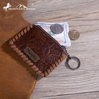 Montana West × Wrangler Leather Change Wallet with Keychain for Men Women Small Coin Pouch Western Design, Brown