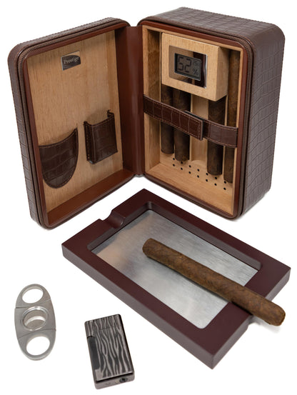 Prestige Import Group Manhattan XL Travel Cigar Humidor Case Set (Hygrometer, Ashtray, Cutter, Lighter, Humidifier) - Brown