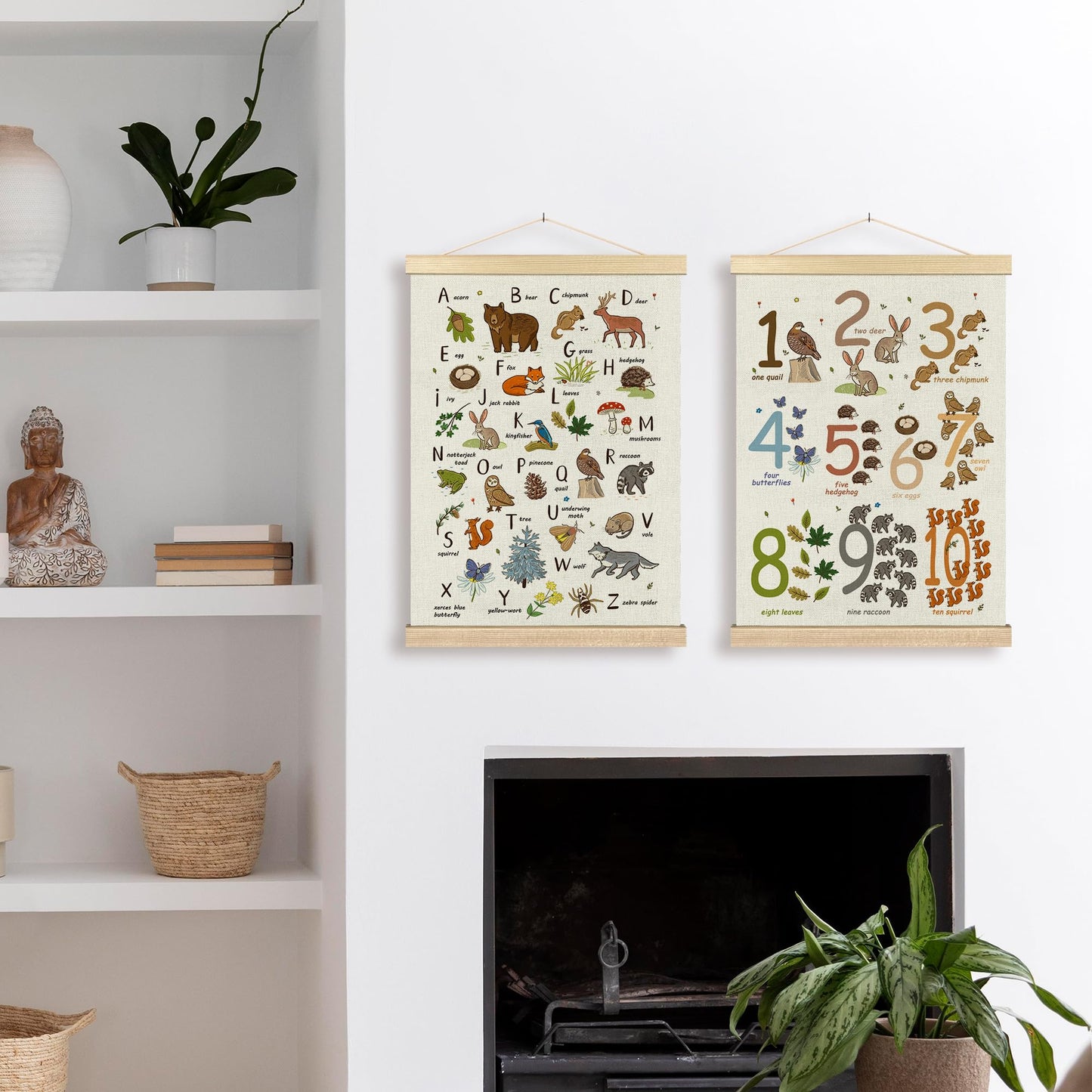 BCUANGD Alphabet Educational Wall Decor - Neutral Woodland Animals Poster Hanger with Wood Frames Set of 2, Kids ABC Numbers Wall Hanging Canvas Decor for Home Playroom Kids Room, 12x16 Inches