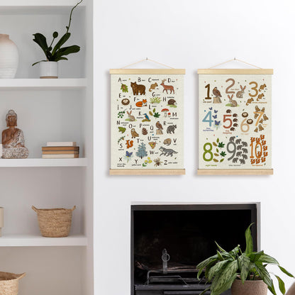 BCUANGD Alphabet Educational Wall Decor - Neutral Woodland Animals Poster Hanger with Wood Frames Set of 2, Kids ABC Numbers Wall Hanging Canvas Decor for Home Playroom Kids Room, 12x16 Inches