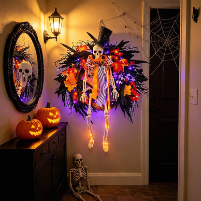 HipTree 28 Inch Halloween Skeleton Wreath for Front Door with Lights, Lighted Gothic Dark Aesthetic Door Wreath with Autumn Leaves Indoor Decorations Centerpiece Party Holiday Wall Home Decor