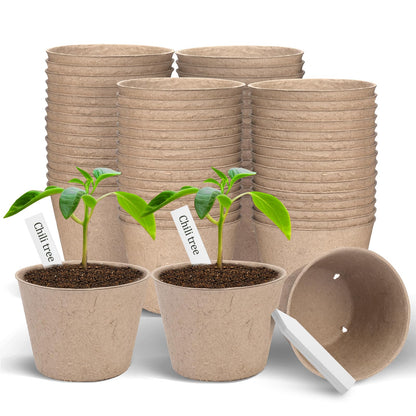 ARGCONNER Peat Pots, 60 Pack Plant Starter Round Nursery Pot with Drainage Holes, Garden Germination Seedling Pots with 30 Plant Labels (4 Inch)
