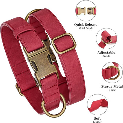 Didog Soft PU Leather Dog Collar, Stylish Quick Released Dog Collars for Large Dogs, Easy Clean Adjustable Pet Collar for Daily Walking, Red, XL Fit 20-26" Neck