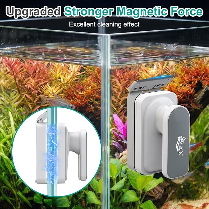 AQQA Aquarium Magnetic Glass Cleaner, Fish Tank Glass Scrubber Algae Scraper Comfortable Grip Handle with Dual Blades, Double Side Magnetic Brush for up to 0.63'' Thick Glass/Acrylic Aquariums (Large)