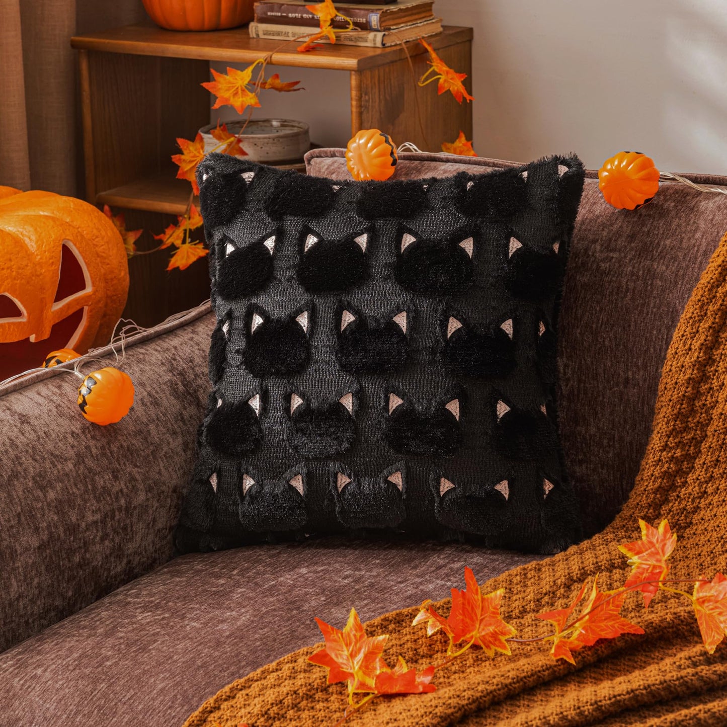 COSIBONO Halloween Black Cat Throw Pillow Covers 20x20 Inch Set of 2, Spooky Ghost Faux Fur Cushion Covers for Fall Decor, Soft Decorative Farmhouse Pillowcases for Sofa Bench Living Room (Pink)